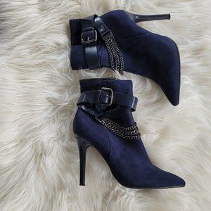 Le Chateau Blue Stiletto Heel Boots Booties Buckle Strap Chains Pointed Toe Sz 7